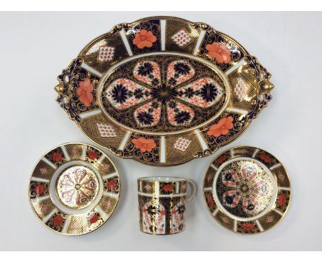 Royal Crown Derby 1128 Imari acorn handled oval pedestal dish,with Imari coffee can, saucer, and trinket dish (4)