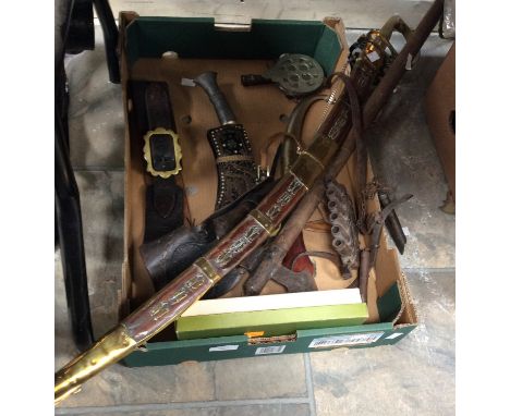 A quantity of decorative's swords, knives, an axe, leather gun holster etc (1 box)