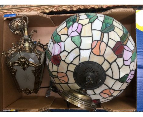 Tiffany style light shade and a brass and etched glass lantern light fitting (2)