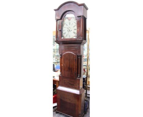 An early 19th Century eight day longcase clock, white enamelled dial, movephase, having turned columns to hood and turned col