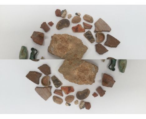 Ancient Egyptian faience ushabti with turquoise glaze, possibly 500-300 BC (2), a collection of ceramic fragments, other figu