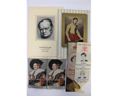 A Cavalier portrait in 17th Century dress, a collection of woven silk memorabilia, including panels depicting Charles and Lad