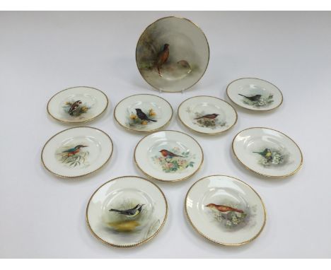 Royal Worcester, nine hand painted tea plates and one breakfast plate, all signed Powell, bird patterns, blue backstamps