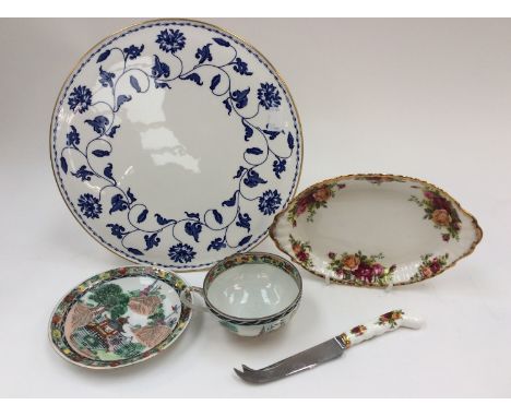 A Spode cake plate, a Royal Albert 'Country Roses' dish and cheese knife and a Japanese cup and saucer