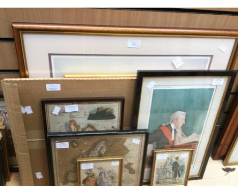 Two framed and glazed hand tinted maps, Monmouthshire and Europe, two French fashion prints, Vanity Fair 'The Silver Voiced',
