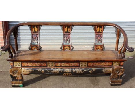 Chinese hardwood carved bench, 20th Century, the back with three carved back splats depicting Chinese figures in high relief,