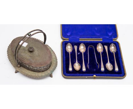 Police Interest: A cased set of teaspoons and tongs with inscription on box, Sheffield 1905, together with an EPNS butter dis