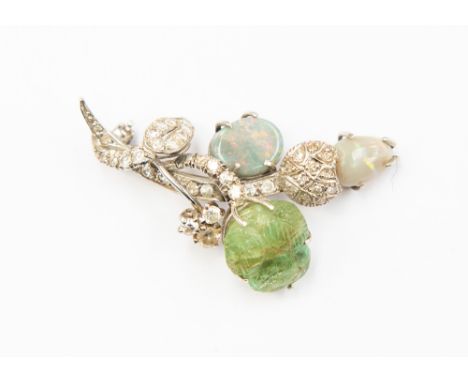 A pretty Diamond, green stone (possibly emerald) and Opal set flower brooch, comprising a stem pave set with forty graduated 