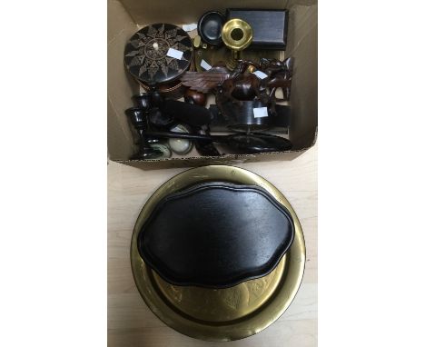 A collectors lot including 1930s desk clock, inlaid circular box and cover, various marble eggs, brass and copper ware (one b