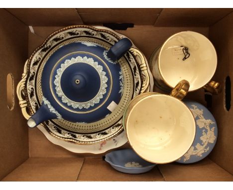 A Wedgwood deep blue Jasperware teapot; together with a pair of Crown Derby blush ivory mugs, two Noritake bowls, a Royal Cro