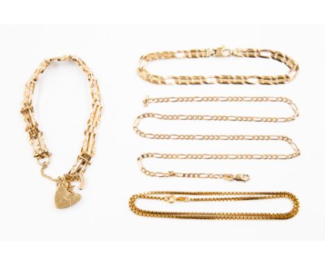 A 9ct gold plate gate bracelet and gold charms, together with other bracelets and necklets, with a combined total gross weigh