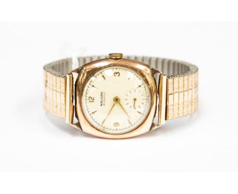 A gentleman's vintage 9ct gold, cased Nallog 15 jewel wristwatch, with subsidiary dial with replacement strap 