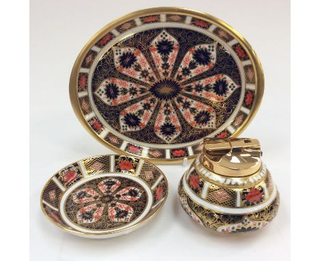 Royal Crown Derby Imari 1128 oval tray with a trinket dish and a cigarette lighter, all first quality (3) 