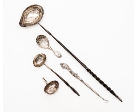 A Georgian silver punch ladle, with a Wrythen handle; together with a further ladle, a caddy spoon, plus other items 