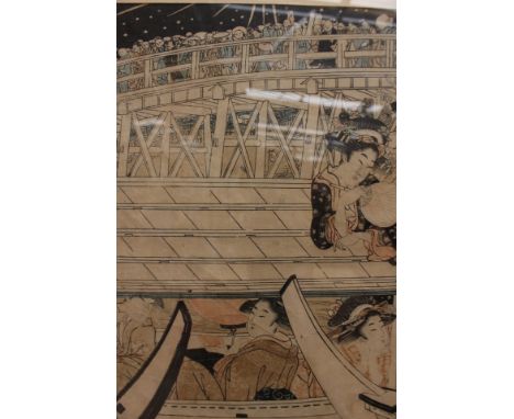Japanese Ukiyo-E woodblock print depicting Geisha in boats beneath bridge, framed and glazed