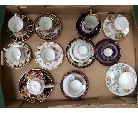 A collection of eleven various tea cup/coffee cans and saucers, including Royal Crown Derby 1128 Imari; green Derby panel A.1