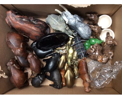 A box containing a collection of various Elephant figures, including examples in ebony, wood, brass, glass, ceramic, etc 