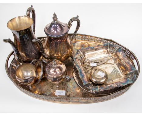A four piece Viners silver plated tea service; together with a large gallery tray, dish, grape scissors and an ashtray (8) 