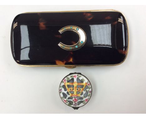 A Bilson enamel style pierced patch box, with a tortoiseshell spectacle case (2) 