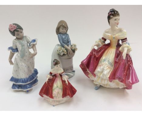 Two Lladro figurines of girls (one af) together with Royal Doulton figurine Southern Belle, signed to base and dated 7 April 