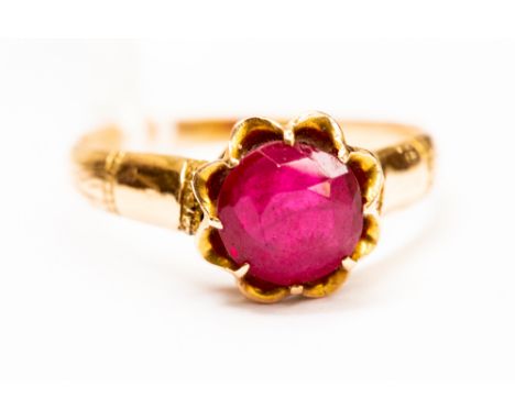 A Synthetic ruby gold ring, with coronet mount, stone size approx 6.5mm, size P1/2, with a total gross weight approx 3.5gms 