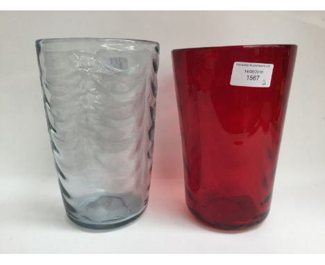 Marriott Powell, two Whitefriars, wavy optic ribbed tumbler vases, one ruby red and the other blue (2) 