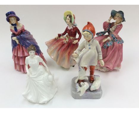 A boxed Royal Doulton figurine Harmony; together with unboxed figurines, 'A Victorian Lady' (af) 'Top of the Hill' HN 1849 (a