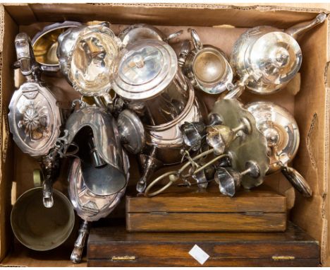 A four piece silver plated tea service together with another, a three piece service, a silver milk jug hallmark London 1899, 