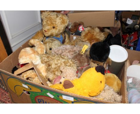 A sooty puppet, a box of teddy bears to include Steiff, Hermann, Urkunde, etc; together with a box of playworn teddy bears (2