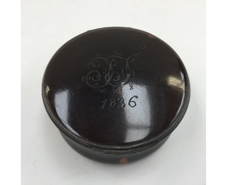 A William IV Tortoiseshell circular patch box, dated 1836 and inscribed with initialled monogram 