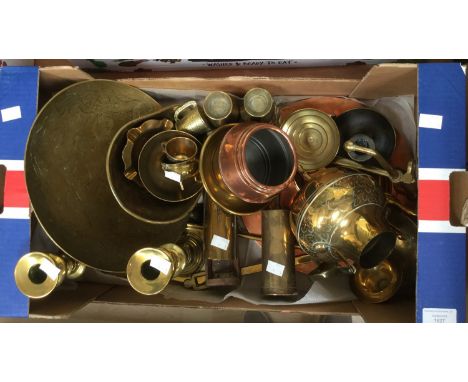 A large collection of brass ware, including a pair of candlesticks, soup ladle; anchor; circular tray. kettle, etc (one box) 