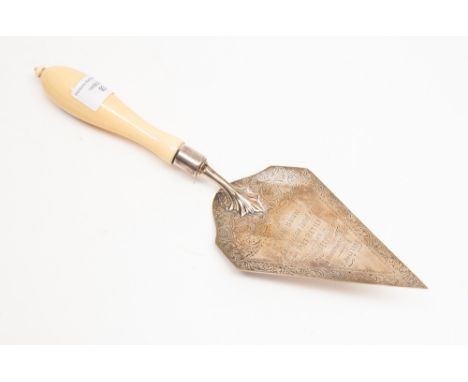 A hallmarked Silver presentation Trowel. Birmingham 1897/98,  Ivory handle. 315mm in overall length. Souvenir of the Boer War