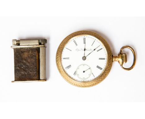 An Elgin watch company gold plated pocket watch and a miscellaneous zippo style lighter (2) 