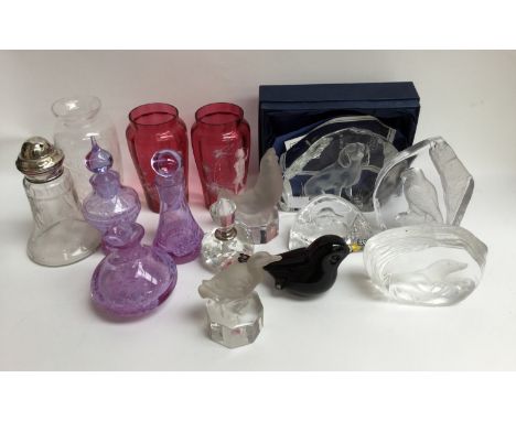 A box of assorted decorative glassware, comprising a pair of Mary Gregory Cranberry glass vases, a silver capped sifter, Cait