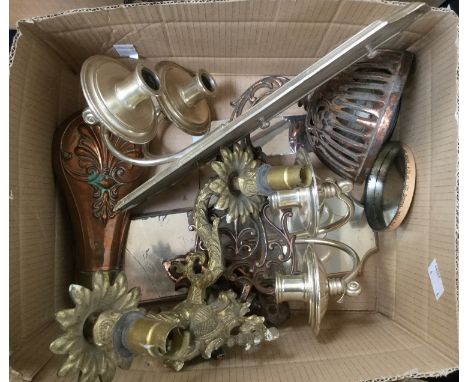 Two silver plated candle sconces; together with a gilded candle sconce, a saddle soap tin, a wall bracket and a copper powder