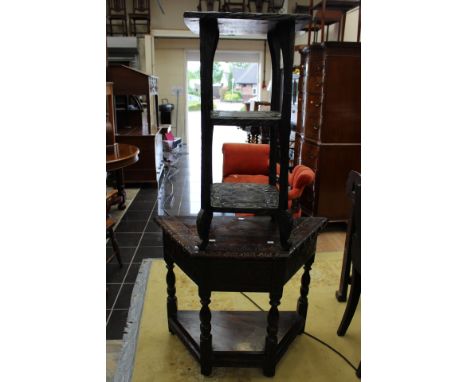 A Victorian oak console table, carved frieze; together with a three tier carved occasional table (2) 