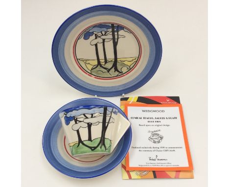 A Wedgwood Clarice Cliff,  Blue Firs trio (3)