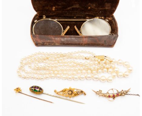 A 1950's Ciro double row pearl necklace with a 9ct gold clasp, bar brooches, stick pins, and pinz-nez (6)