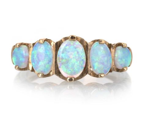 OPAL FIVE STONE RING, in nine carat gold ,size M 1/2Qty: 3.8gOpals are not tested. Please see disclaimer:Bidders must assume 