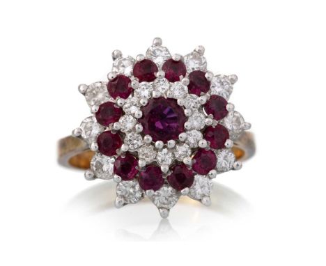 RUBY AND DIAMOND CLUSTER RING, in eighteen carat gold, size MQty: 6.3g