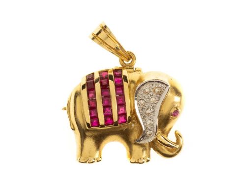 RUBY AND DIAMOND ELEPHANT PENDANT BROOCH, set with three rows of rubies and the ear pave set with diamonds, marked 18KQty: 4.