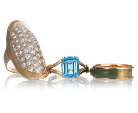THREE GEM SET RINGS, one partially set with jade, in fourteen carat gold, along with a nine carat gold cubic zirconia example