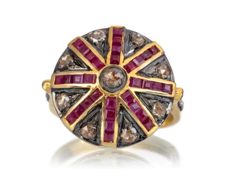 RUBY AND DIAMOND RING, set with rose cut diamonds and rubies, and rubies, silver gilt