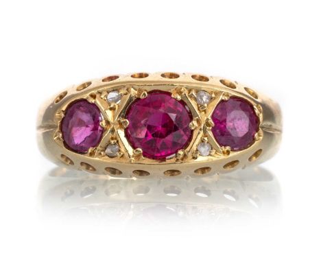 VICTORIAN RUBY AND DIAMOND BOAT RING, in eighteen carat gold, size LQty: 3.1gRubies totalling very approximately 0.70 carats.