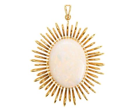 IMPRESSIVE OPAL PENDANT, set with a cabochon opal 37x29mm, to a sunburst mount, in fourteen carat gold,80mm high including ba