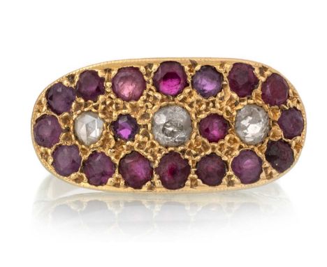 RUBY AND DIAMOND RING, the panel set with rubies and mixed cut diamonds, in eighteen carat gold, shank misshapenQty: 4.2g