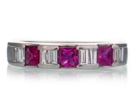 CERTIFICATED RUBY AND DIAMOND RING, set with Burmese rubies totalling approximately 0.72 carats, interspaced by diamonds tota