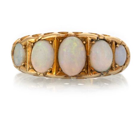 OPAL FIVE STONE RING, unmarked, shank misshapenQty: 3.2g