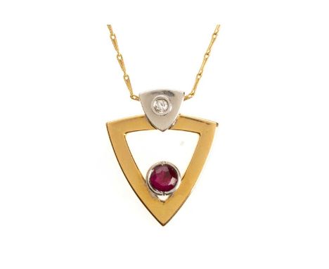 RUBY AND DIAMOND PENDANT, of triangular form, unmarked, the chain marked 750
