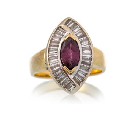 RUBY AND DIAMOND RING, of marquise form, in eighteen carat gold, size KQty: 7.9g